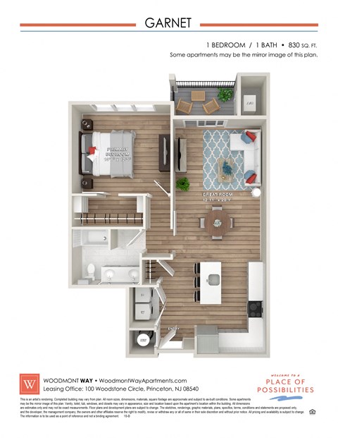 Floor plan for 1 bed, 1 bath, 830 sqft